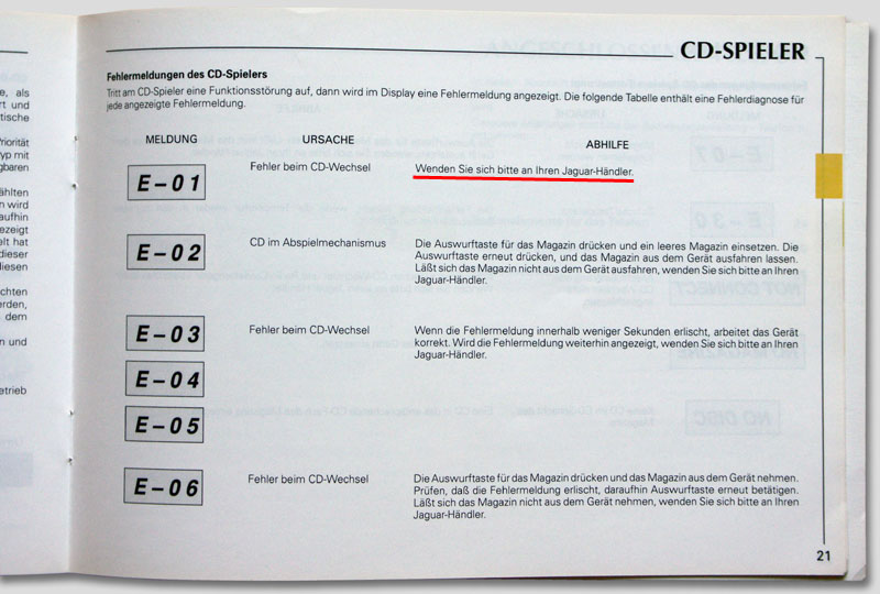 Jaguar XJ8 (X308), CD error code E-01